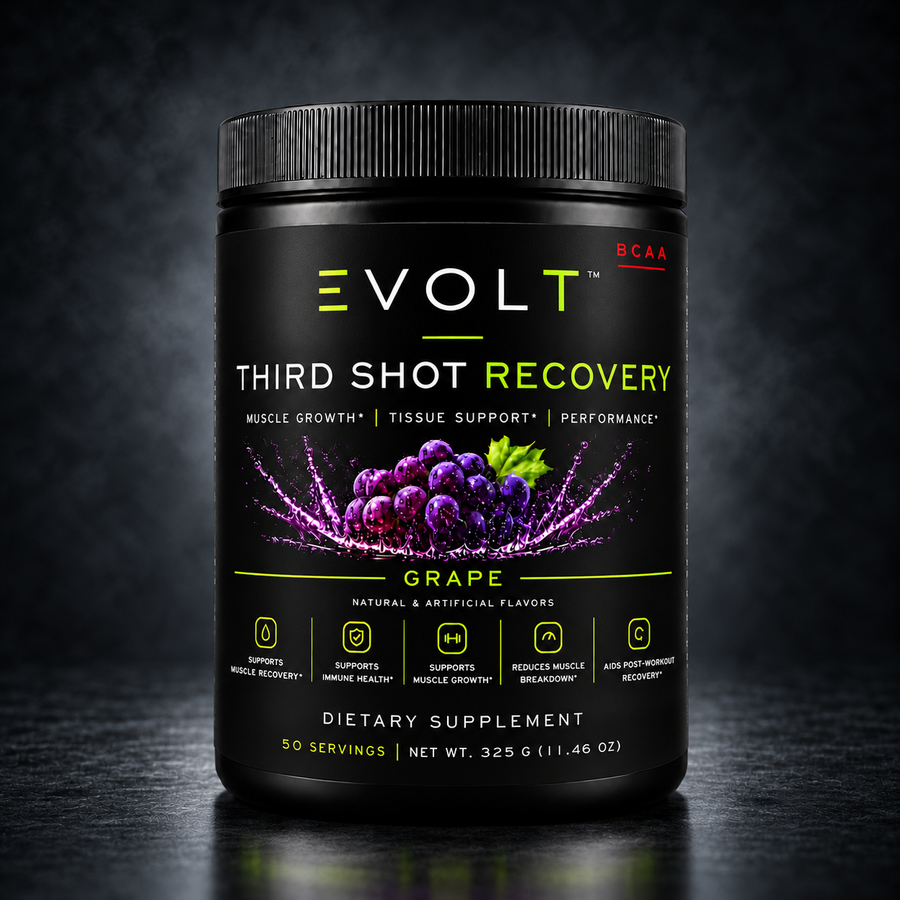 Third Shot Recovery BCAA Grape on consistent cool charcoal smoky studio background