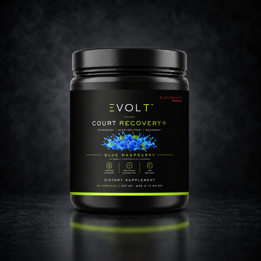 Court Recovery Plus Electrolyte Blue Raspberry on dark smoky studio background