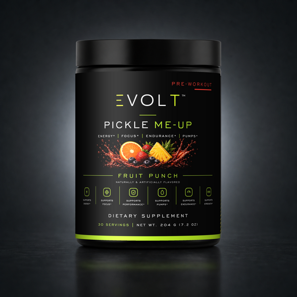 EVOLT ROC605 — Pickle Me-Up Pre-Workout — Fruit Punch — gray studio background