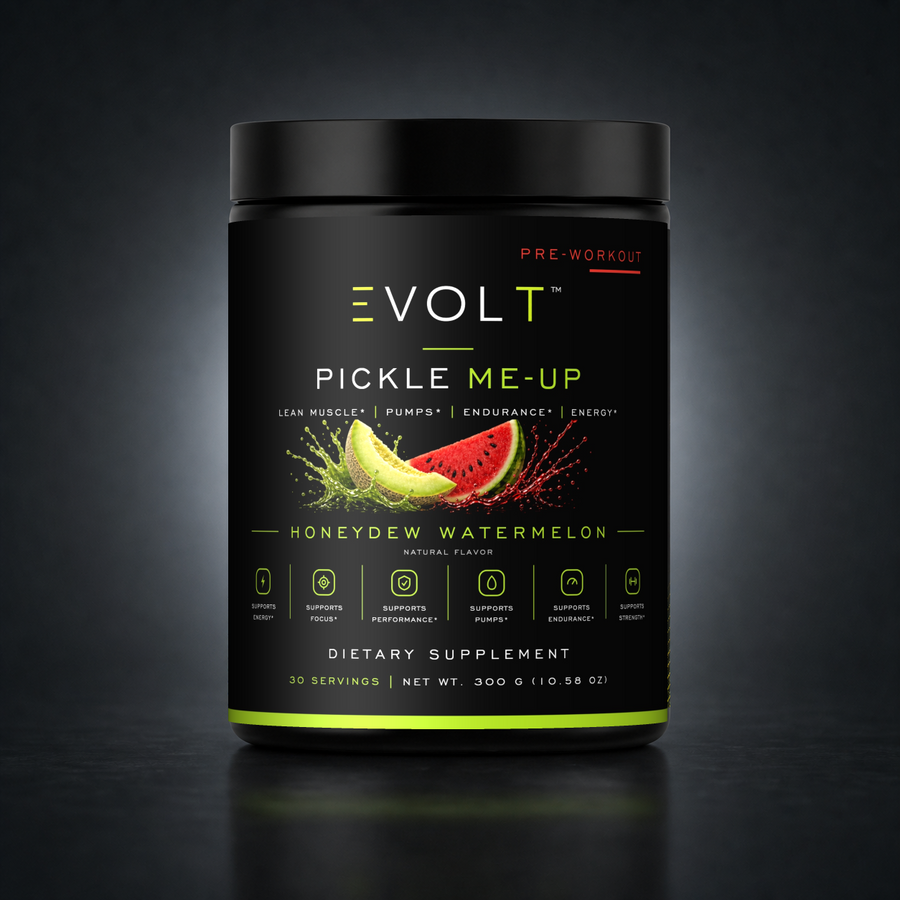 EVOLT ROC606 — Pickle Me-Up Pre-Workout — Honeydew Watermelon — gray studio background