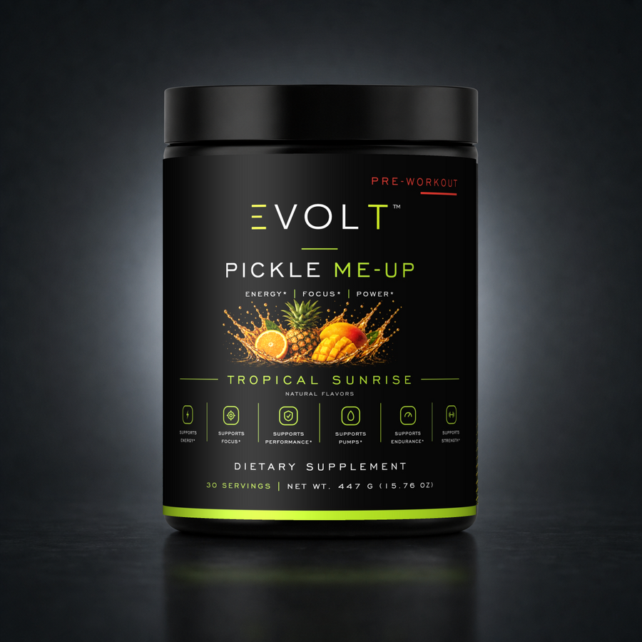 EVOLT ROC611 — Pickle Me-Up Pre-Workout — Tropical Sunrise — gray studio background