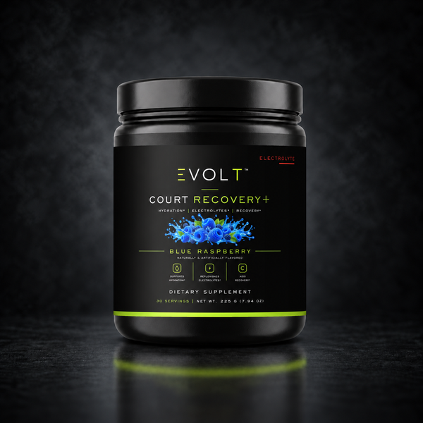 Court Recovery Plus Electrolyte Blue Raspberry on dark smoky studio background