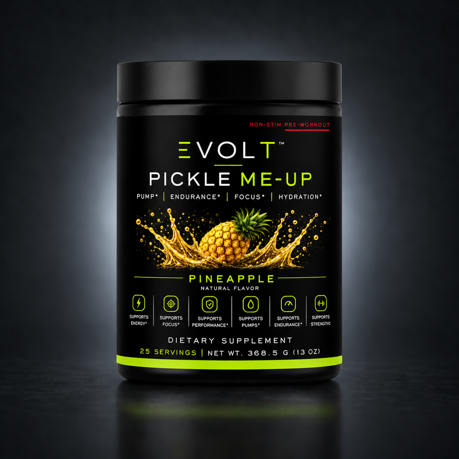 EVOLT ROC011 — Pickle Me-Up Non-Stim Pre-Workout — Pineapple — gray studio background